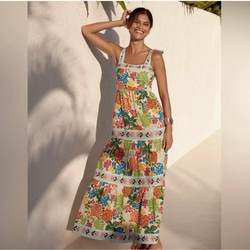 Beach Riot Charlotte Maxi Dress M Multicolor Tropical‎ Floral Tiered Cotton Tie